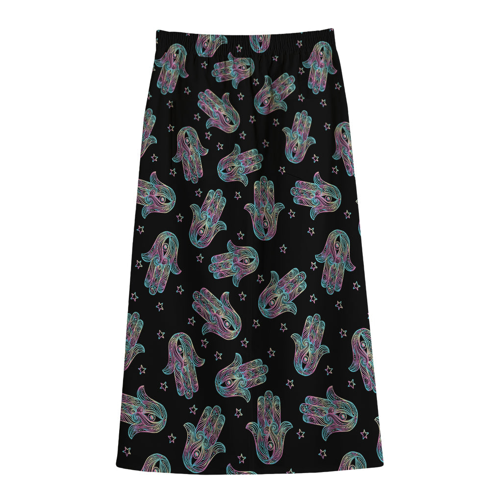 Colorful Hamsa Hand Print Cotton Front Slit Maxi Skirt