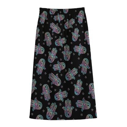 Colorful Hamsa Hand Print Cotton Front Slit Maxi Skirt