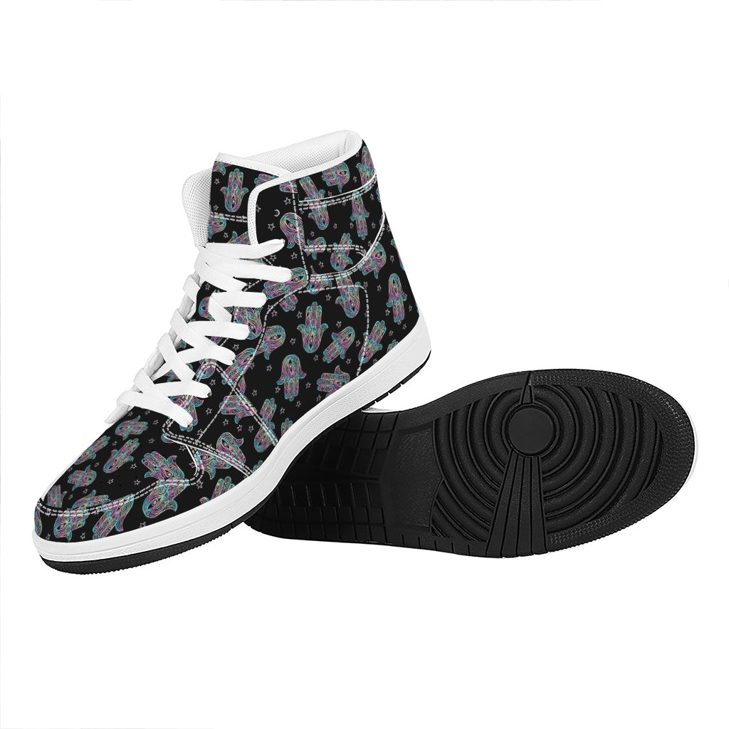 Colorful Hamsa Hand Print High Top Leather Sneakers