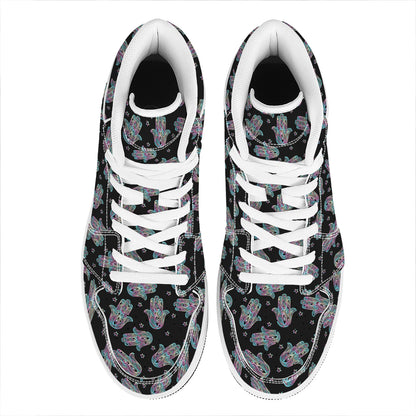 Colorful Hamsa Hand Print High Top Leather Sneakers