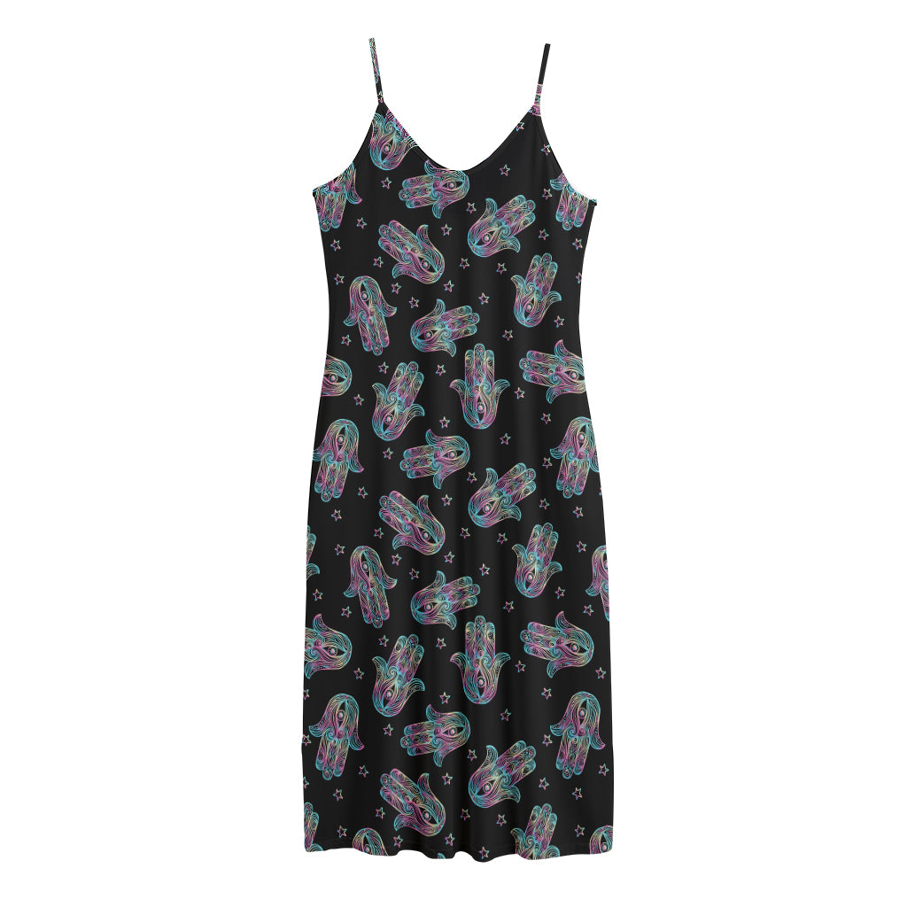 Colorful Hamsa Hand Print Jersey Midi Cami Dress