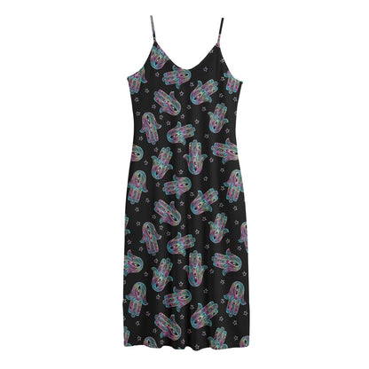 Colorful Hamsa Hand Print Jersey Midi Cami Dress