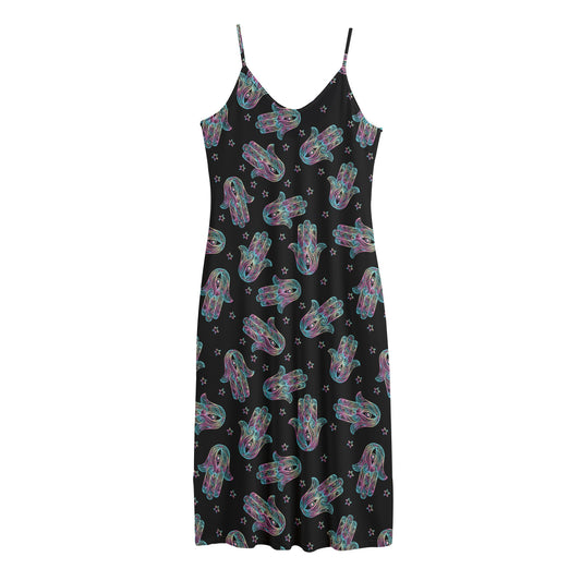 Colorful Hamsa Hand Print Jersey Midi Cami Dress