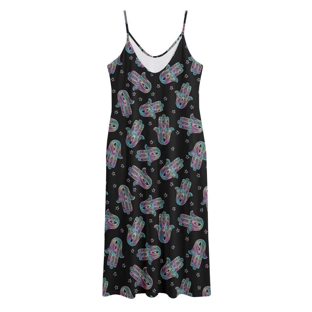 Colorful Hamsa Hand Print Jersey Midi Cami Dress