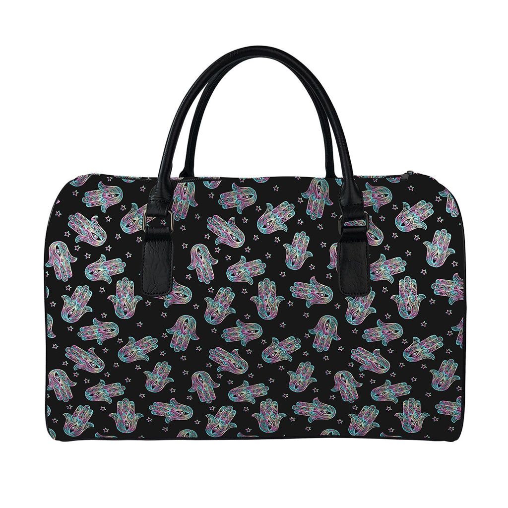 Colorful Hamsa Hand Print Leather Duffle Bag