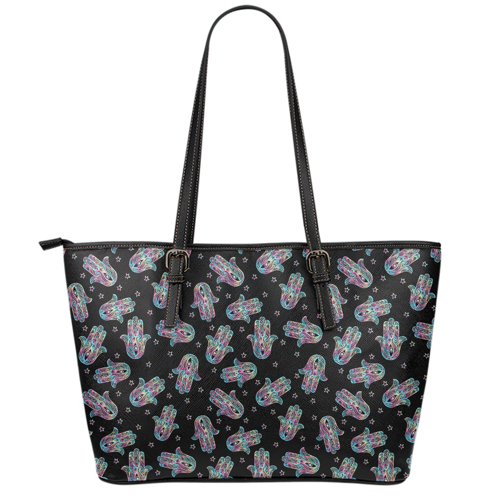 Colorful Hamsa Hand Print Leather Tote Bag