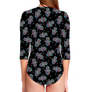 Colorful Hamsa Hand Print Long Sleeve Swimsuit