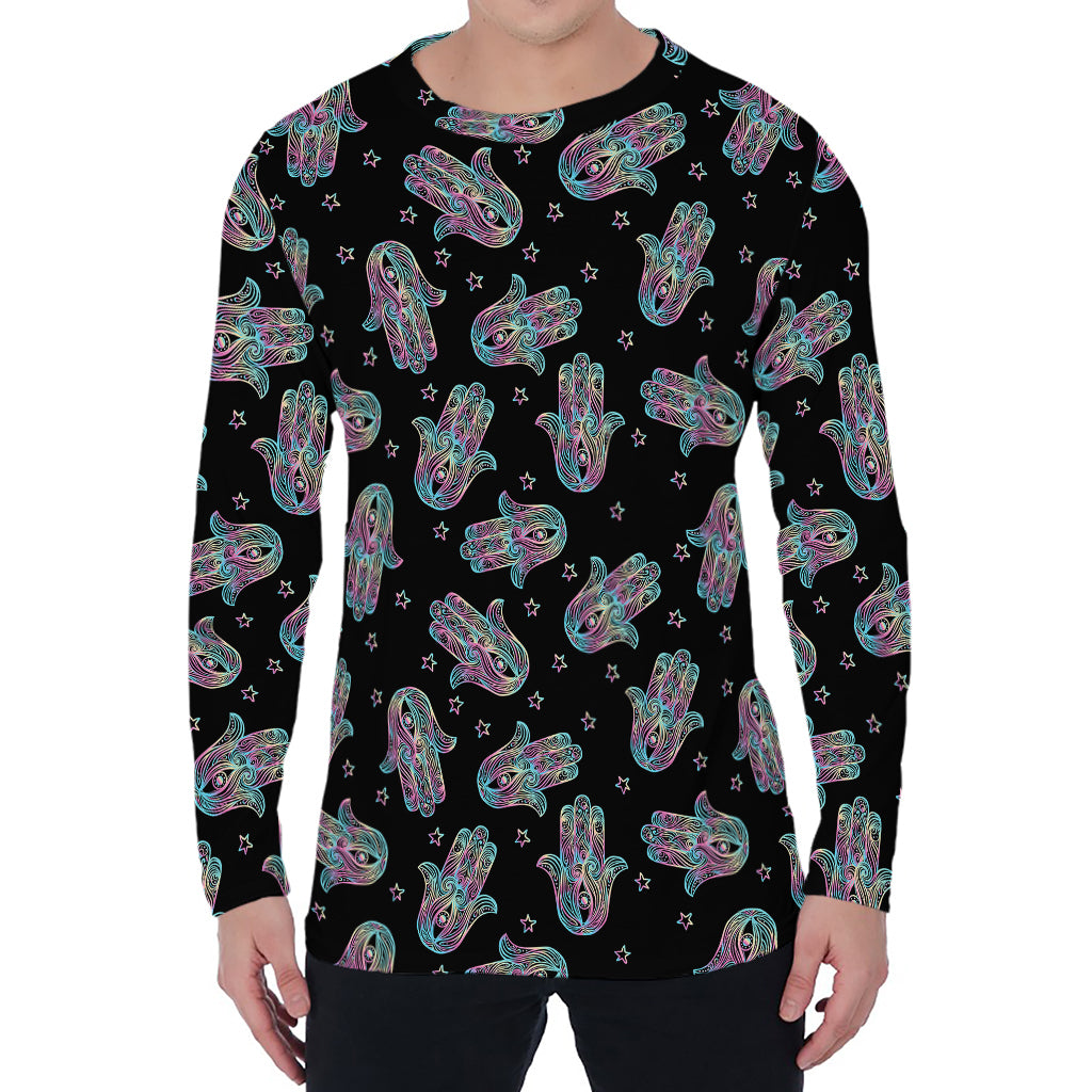 Colorful Hamsa Hand Print Men's Long Sleeve T-Shirt