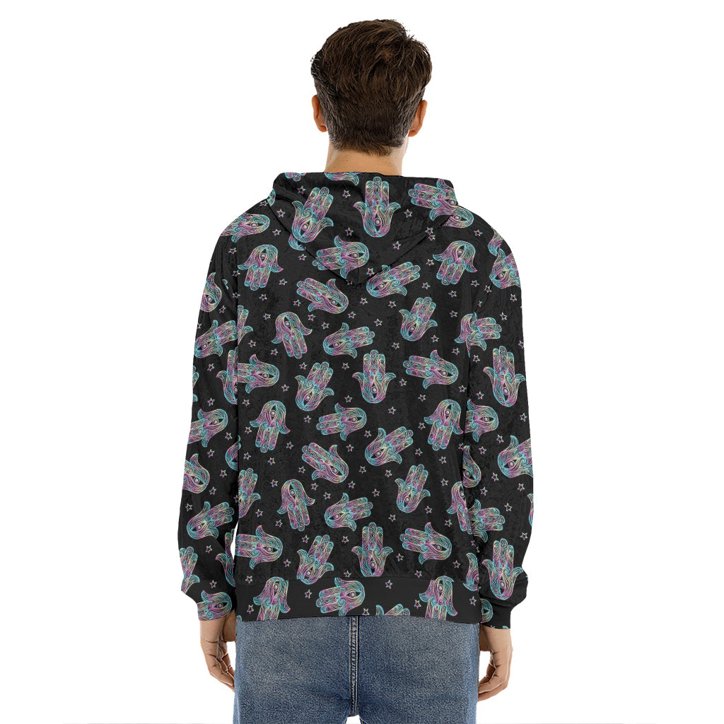 Colorful Hamsa Hand Print Men's Velvet Pullover Hoodie
