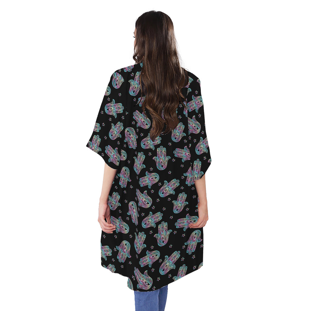 Colorful Hamsa Hand Print Open Front Beach Cover Up