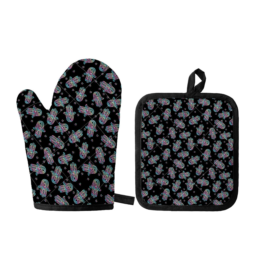 Colorful Hamsa Hand Print Oven Mitt And Pot Holder Set