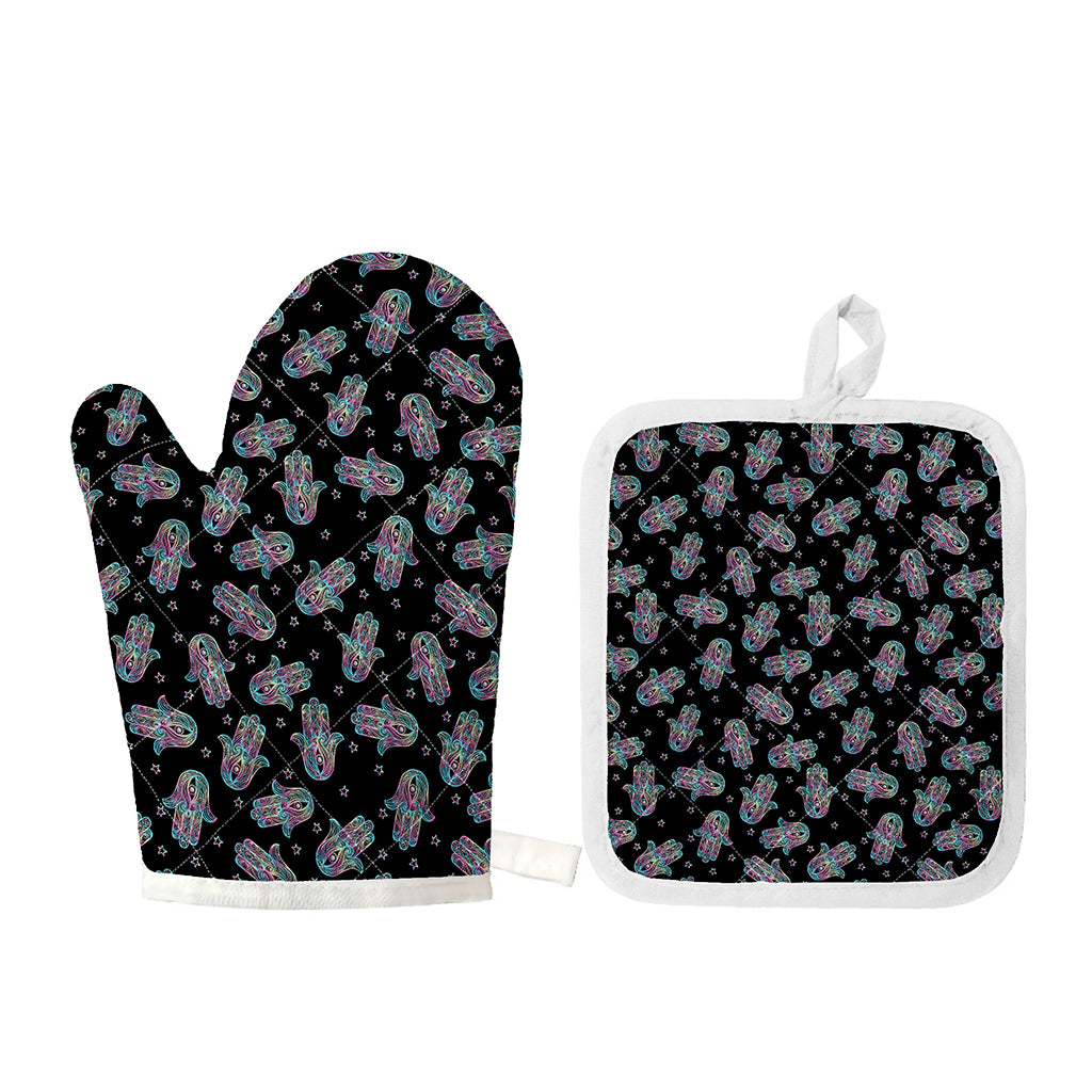 Colorful Hamsa Hand Print Oven Mitt And Pot Holder Set