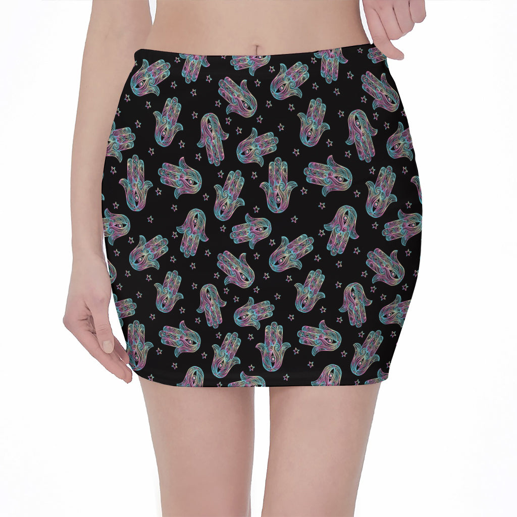 Colorful Hamsa Hand Print Pencil Mini Skirt