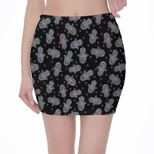 Colorful Hamsa Hand Print Pencil Mini Skirt