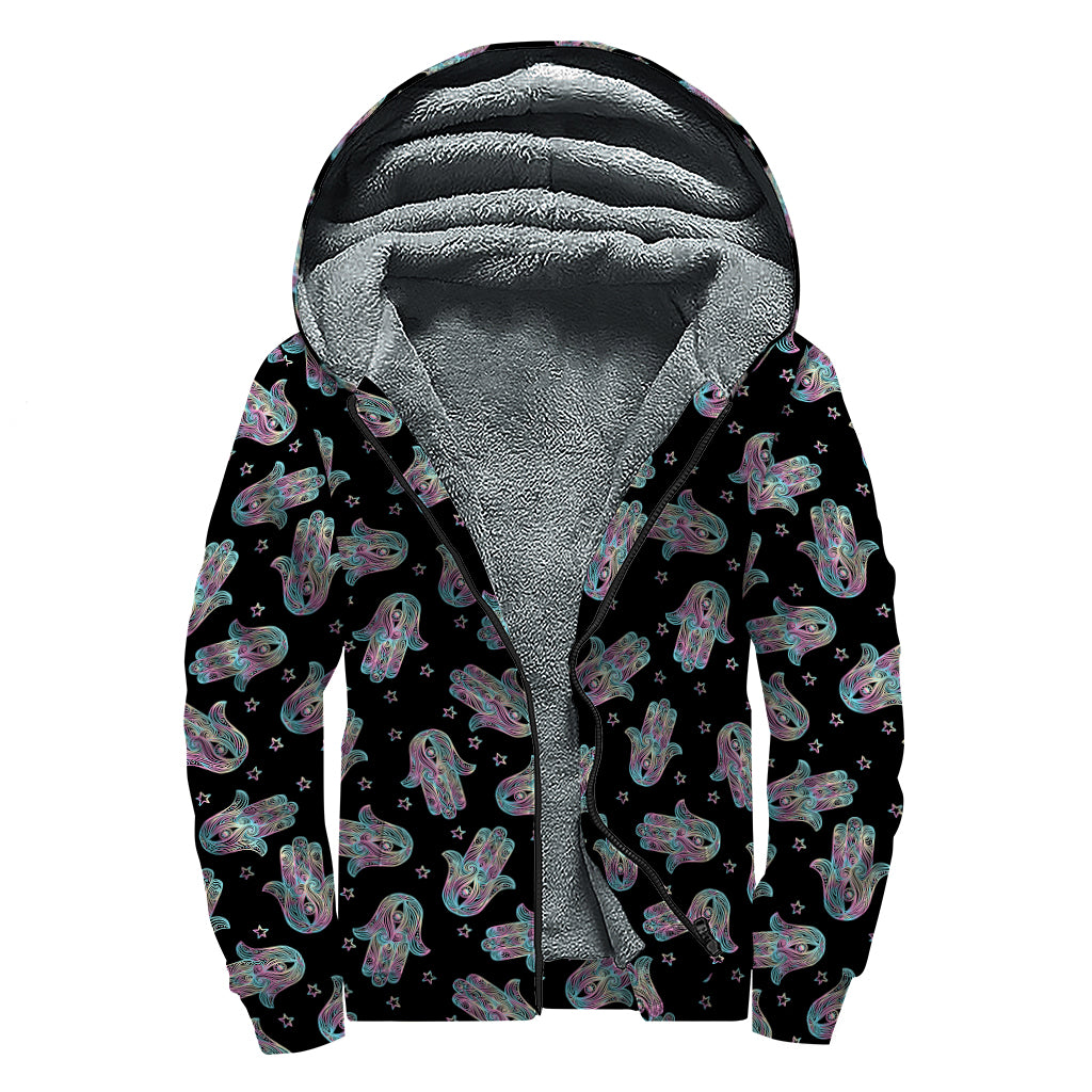 Colorful Hamsa Hand Print Sherpa Lined Zip Up Hoodie