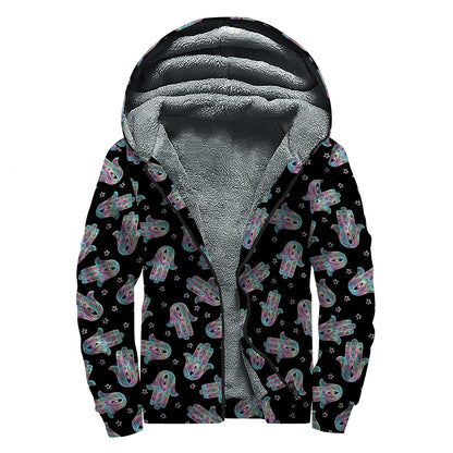 Colorful Hamsa Hand Print Sherpa Lined Zip Up Hoodie
