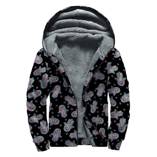 Colorful Hamsa Hand Print Sherpa Lined Zip Up Hoodie