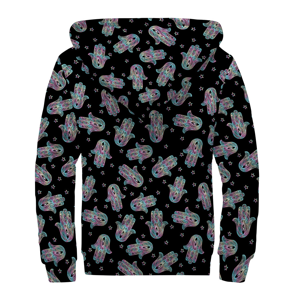 Colorful Hamsa Hand Print Sherpa Lined Zip Up Hoodie