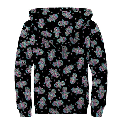 Colorful Hamsa Hand Print Sherpa Lined Zip Up Hoodie