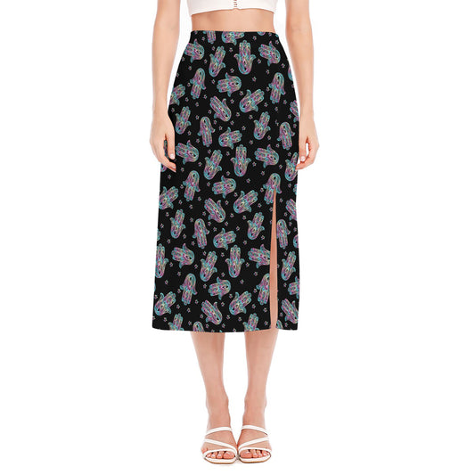 Colorful Hamsa Hand Print Side Slit Midi Skirt