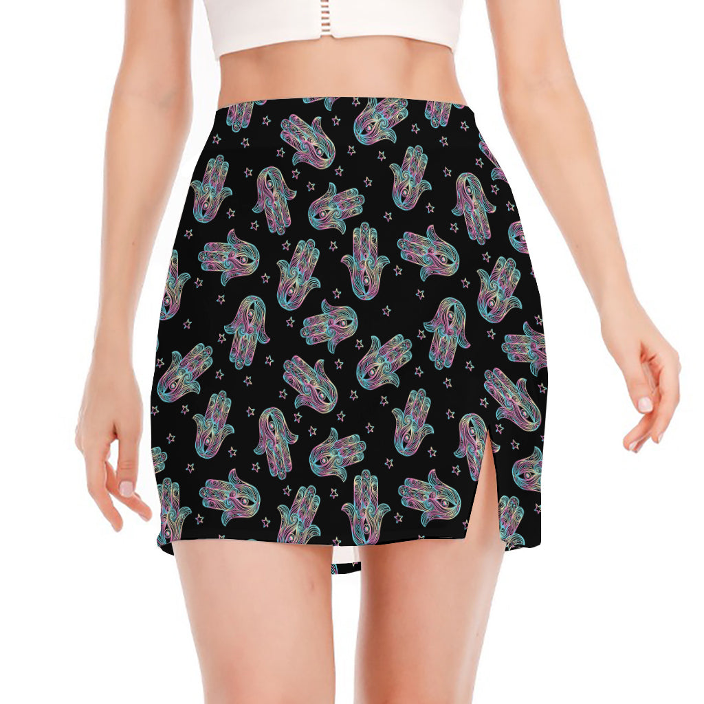 Colorful Hamsa Hand Print Side Slit Mini Skirt