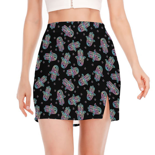 Colorful Hamsa Hand Print Side Slit Mini Skirt