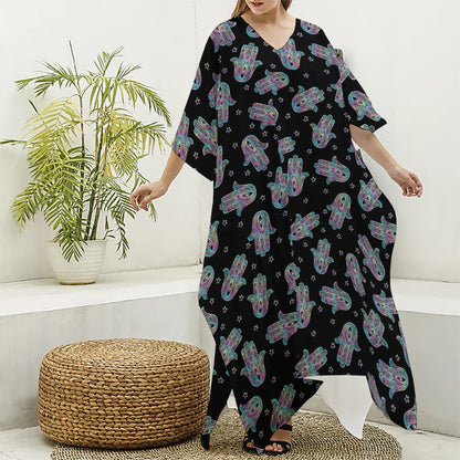 Colorful Hamsa Hand Print Silk V-Neck Kaftan Dress