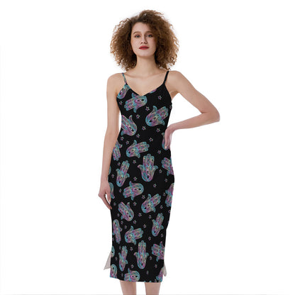 Colorful Hamsa Hand Print Slim Fit Midi Cami Dress