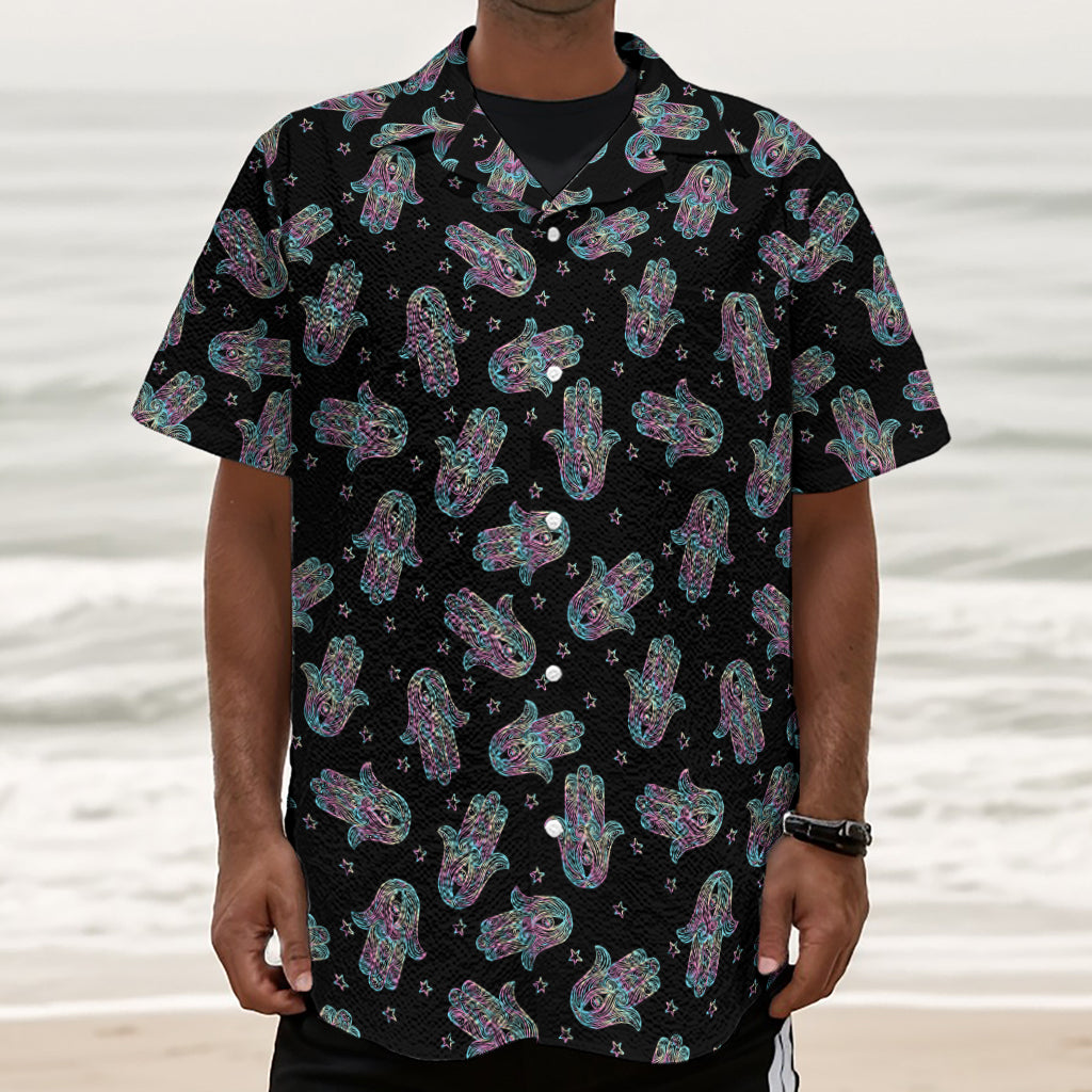 Colorful Hamsa Hand Print Textured Short Sleeve Shirt