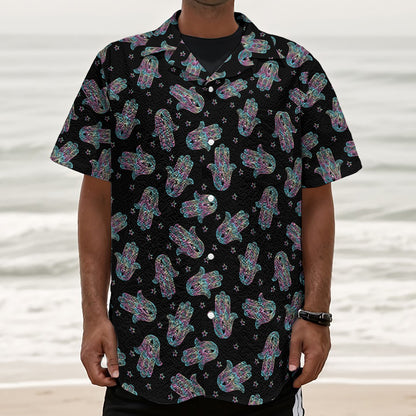 Colorful Hamsa Hand Print Textured Short Sleeve Shirt