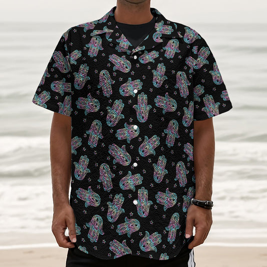 Colorful Hamsa Hand Print Textured Short Sleeve Shirt
