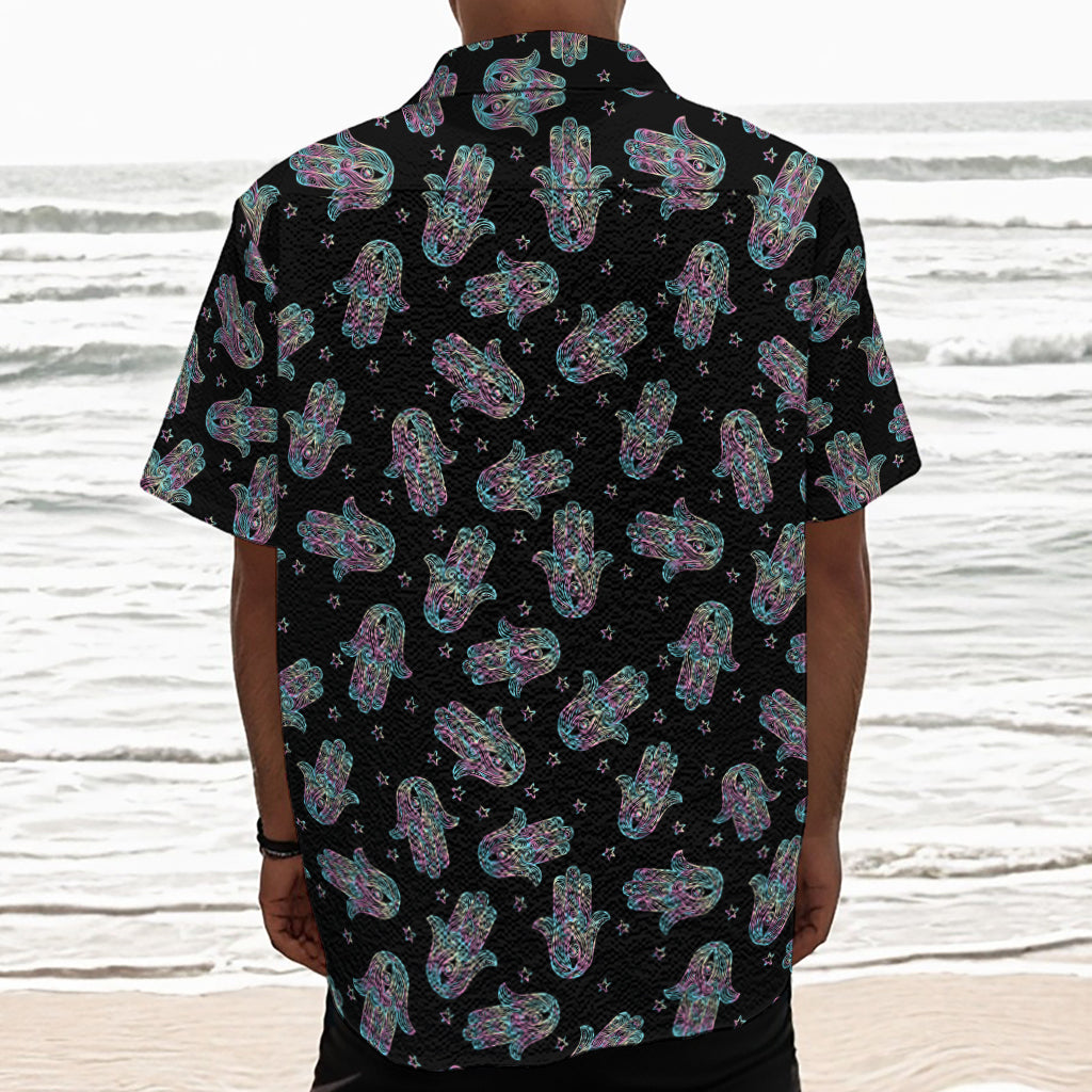Colorful Hamsa Hand Print Textured Short Sleeve Shirt