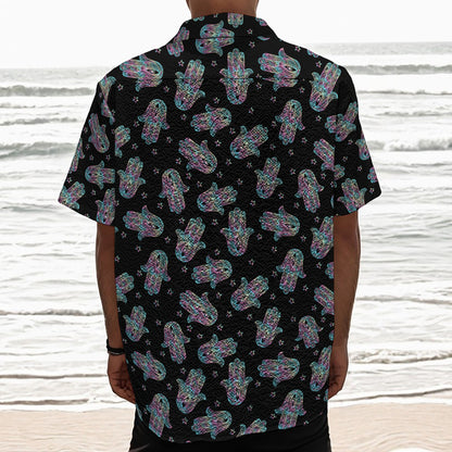 Colorful Hamsa Hand Print Textured Short Sleeve Shirt
