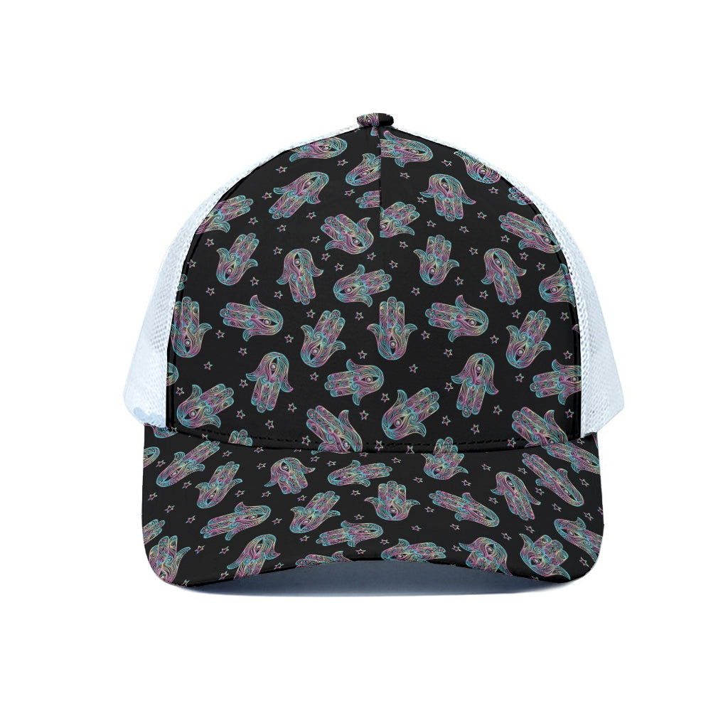 Colorful Hamsa Hand Print White Mesh Trucker Cap