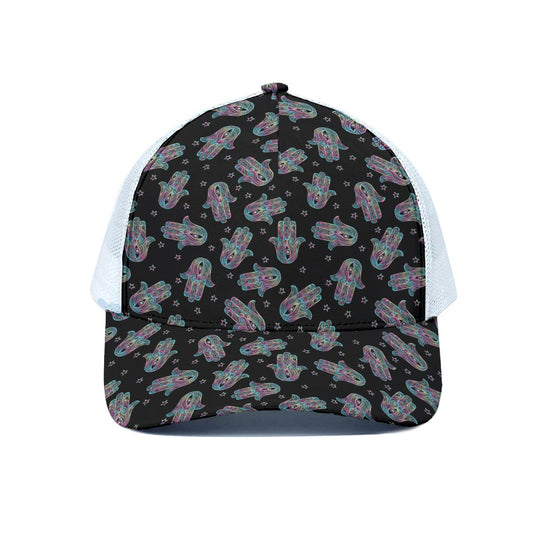 Colorful Hamsa Hand Print White Mesh Trucker Cap