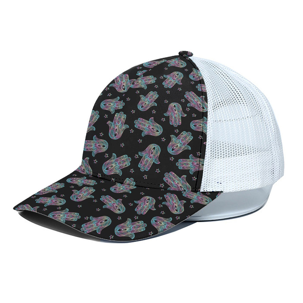 Colorful Hamsa Hand Print White Mesh Trucker Cap