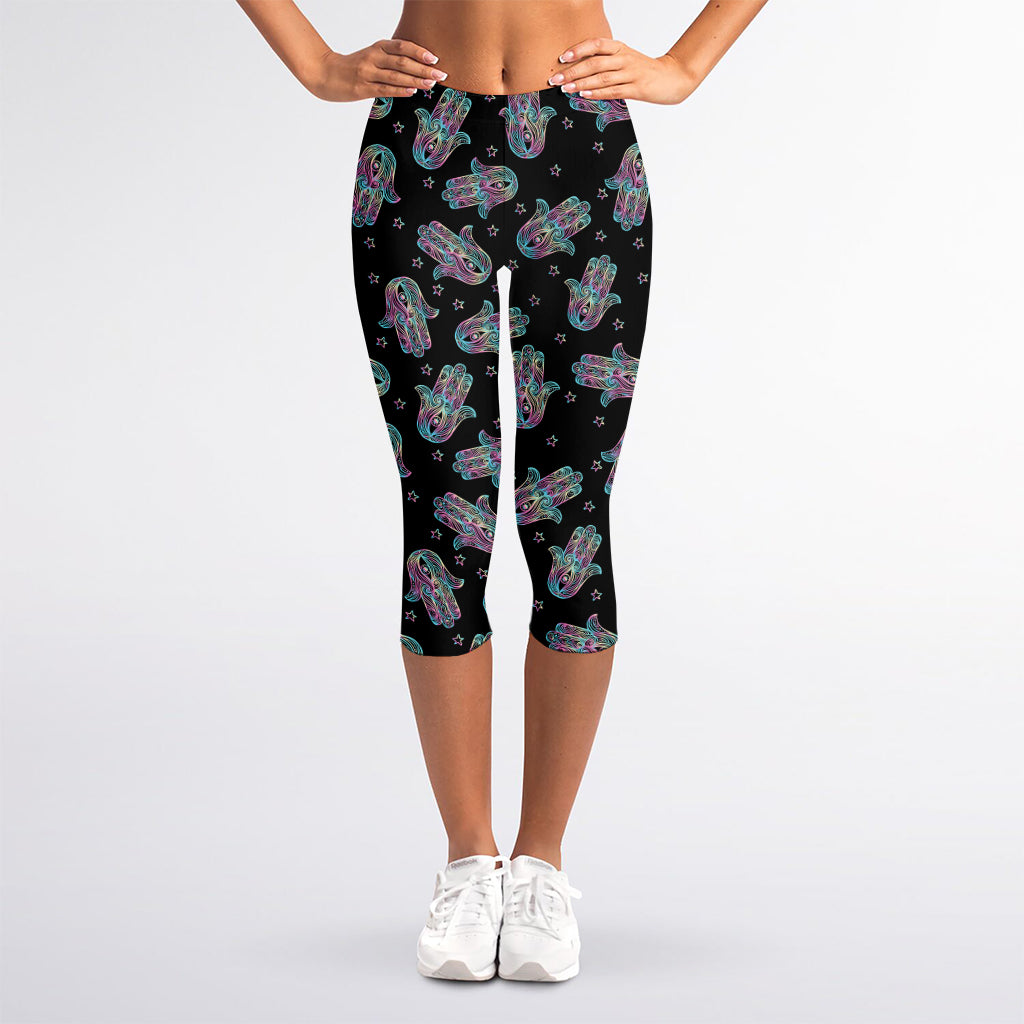 Colorful Hamsa Hand Print Women's Capri Leggings
