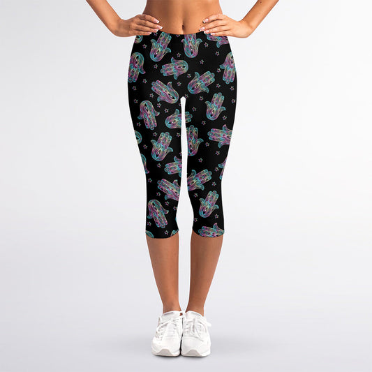 Colorful Hamsa Hand Print Women's Capri Leggings