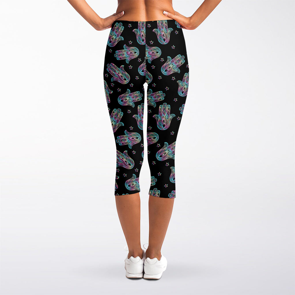Colorful Hamsa Hand Print Women's Capri Leggings