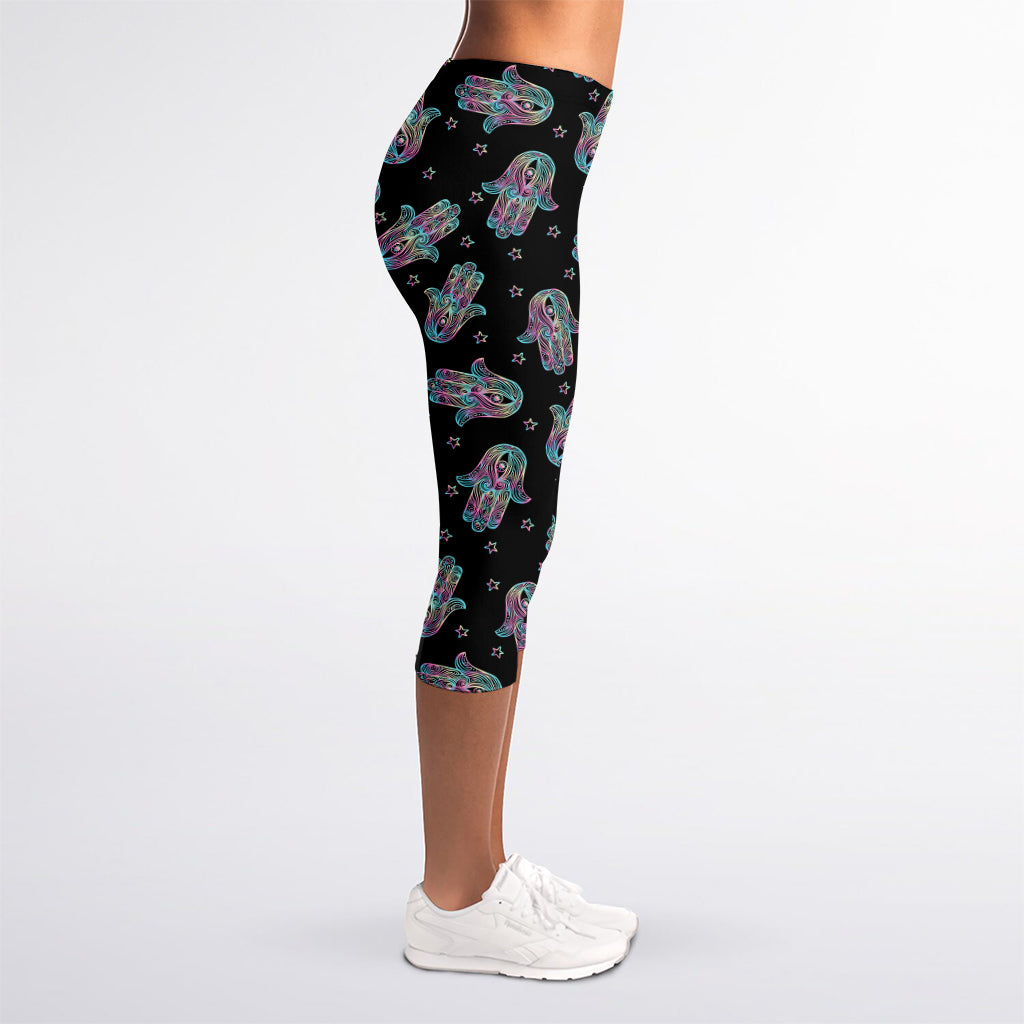 Colorful Hamsa Hand Print Women's Capri Leggings