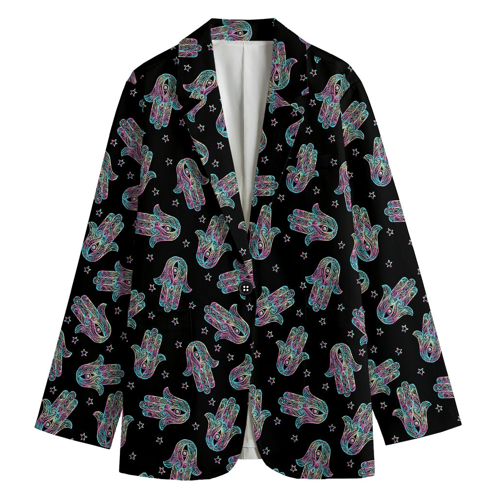 Colorful Hamsa Hand Print Women's Cotton Blazer