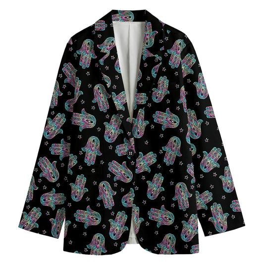 Colorful Hamsa Hand Print Women's Cotton Blazer