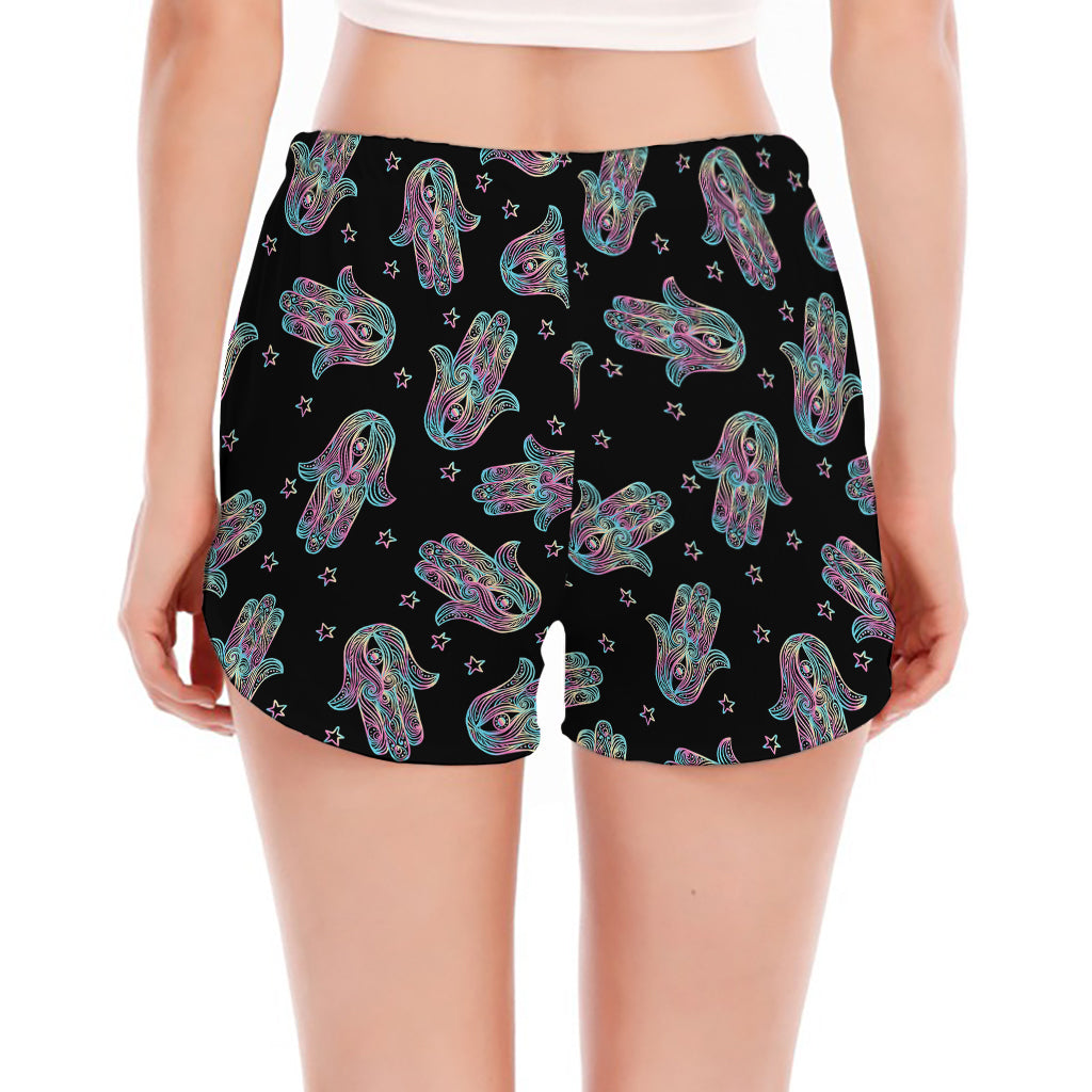 Colorful Hamsa Hand Print Women's Split Running Shorts