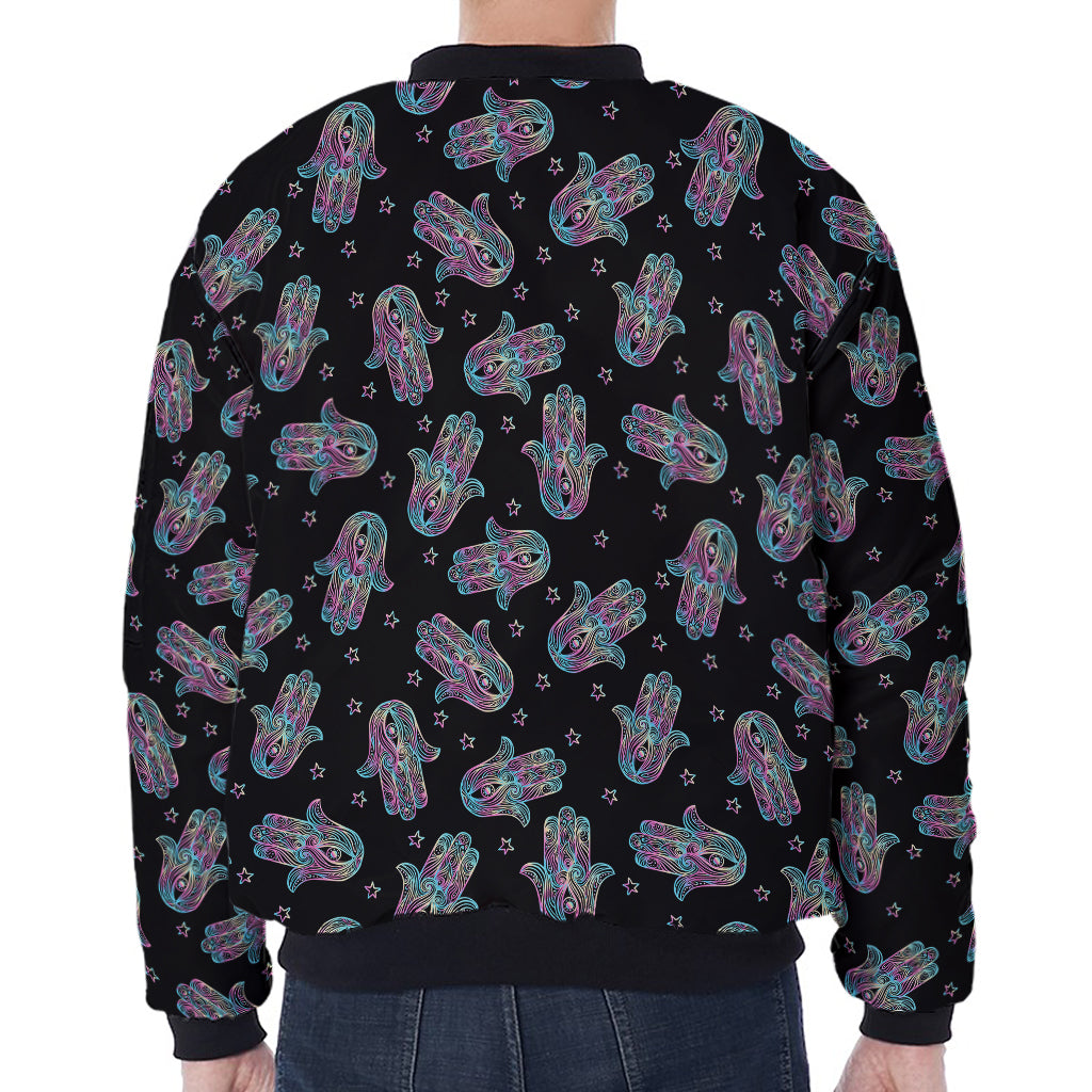 Colorful Hamsa Hand Print Zip Sleeve Bomber Jacket
