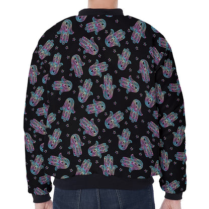 Colorful Hamsa Hand Print Zip Sleeve Bomber Jacket