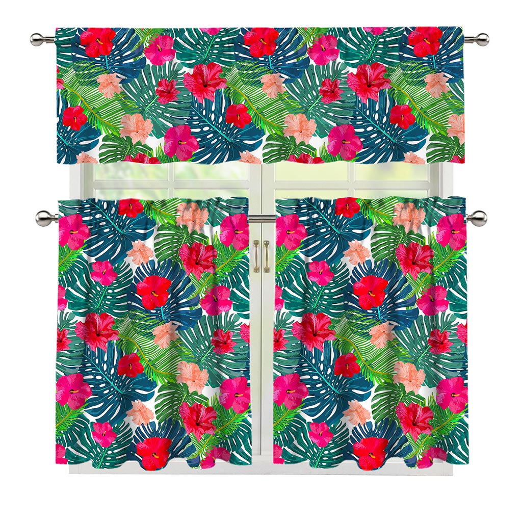 Colorful Hawaii Floral Pattern Print 3 Piece Kitchen Curtains