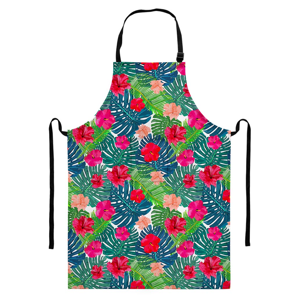 Colorful Hawaii Floral Pattern Print Bib Apron With Pocket