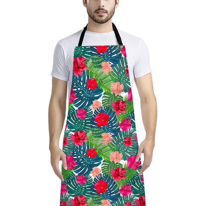 Colorful Hawaii Floral Pattern Print Bib Apron With Pocket