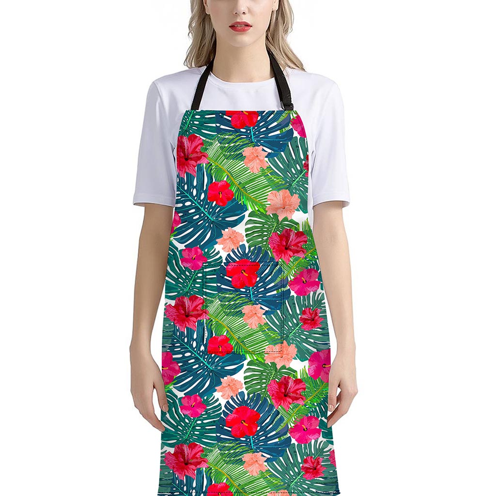Colorful Hawaii Floral Pattern Print Bib Apron With Pocket