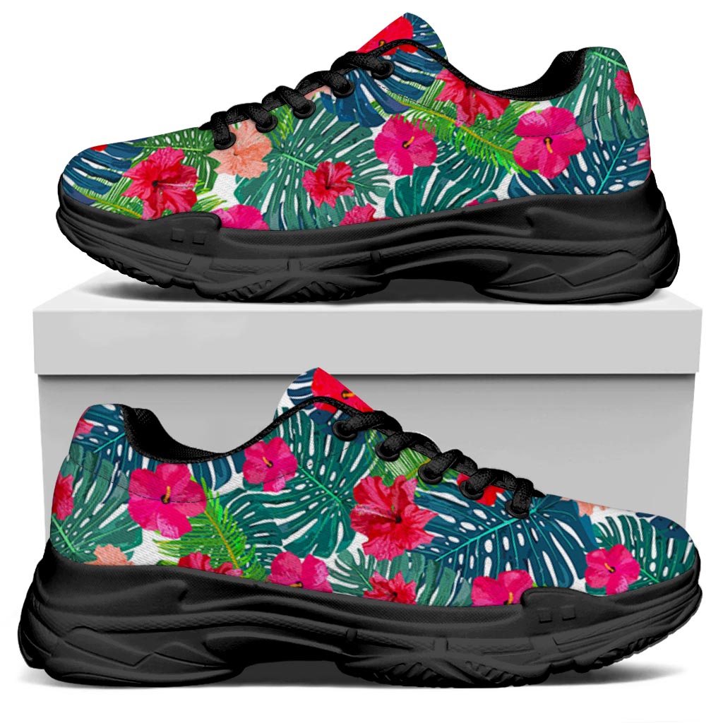Colorful Hawaii Floral Pattern Print Black Chunky Shoes